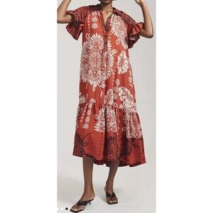 By Anthropologie Ruffle Sleeve Dress Red Floral Print Shirt Collar Button Up S P